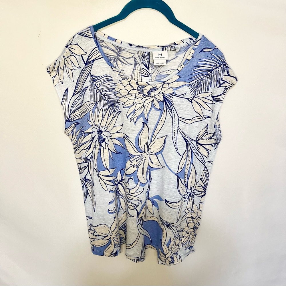H HALSTON M 100% Linen Slub Knit Button back Top  Blue Beige Floral Women - Picture 4 of 8